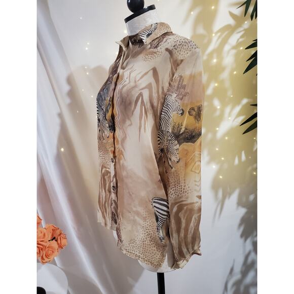 Vtg 80s Sea Suns Sheer Safari Zebra Animal Print Button Blouse Womens Size M - Picture 2 of 10